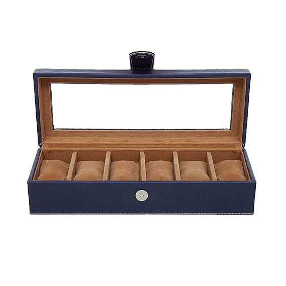 41QM1akiT4L.jpg Presents Luxury Watch Box for Men & Women ?Lockable Leather Watch Organizer with Glass Lid, Soft Velvet Cushions, Premium Display & Storage Case for Watches -6 Slot Box (Blue) - Image 1